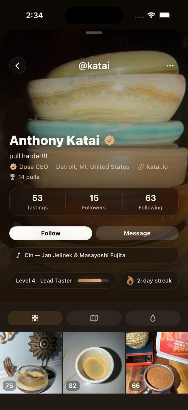 A taster profile — level, followers, and every scored pull