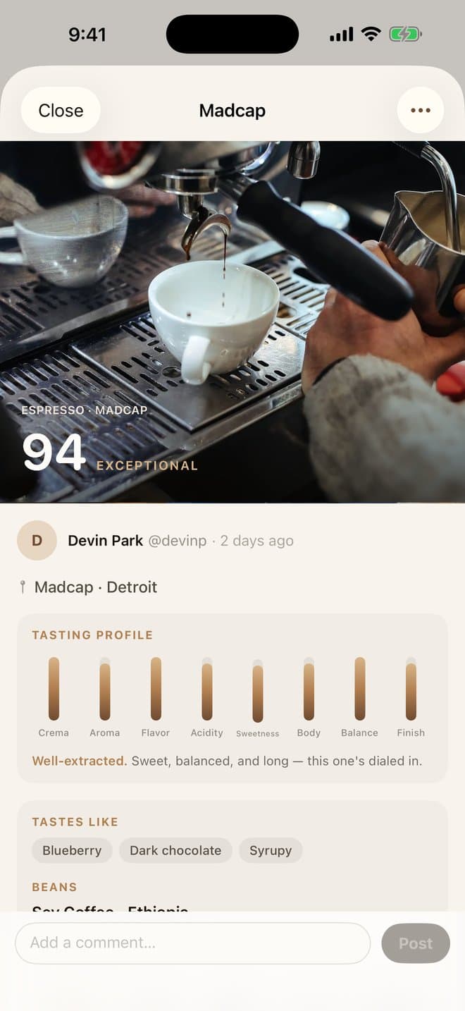 A tasting page — profile bars, tastes-like notes, and beans